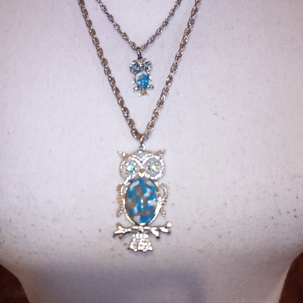 Elegant Blue Owl Pendant Necklace Double Strand Silver Mid Century Modern Vibe - Picture 3 of 6